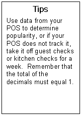 Text Box: Tips  Use data from your POS to determine popularity, or if your POS does not track it, take it off guest checks or kitchen checks for a week.  Remember that the total of the decimals must equal 1.   