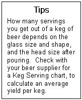 Text Box: Tips  How many servings you get out of a keg of beer depends on the glass size and shape, and the head size after pouring.  Check with your beer supplier for a Keg Serving chart, to calculate an average yield per keg.  