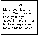 Text Box: Tips  Match your fiscal year in CostGuard to your fiscal year in your accounting program or bookkeeping system to make auditing easier.  